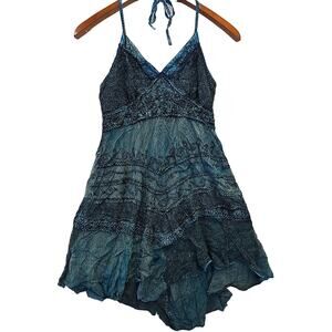 Vtg LSI Women's Y2K Halter Babydoll Dress SZ Small Blue Fairycore Tie Dye Boho